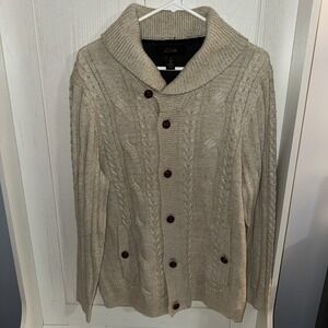 Tasso Elba Cardigan Sweater Wool‎ Blend Cable Knit Mock Neck Size Medium Beige